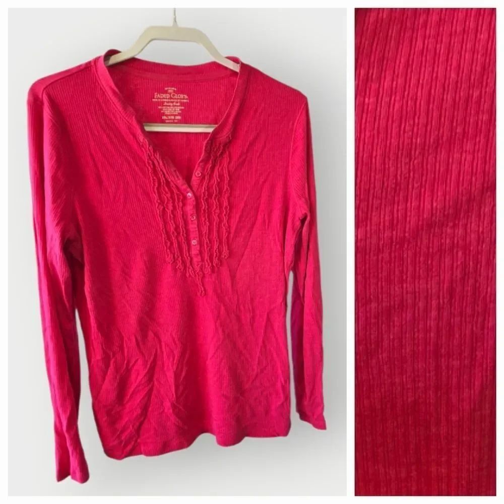 Faded Glory Women’s Hot Pink Ribbed Henley Top Plus Size 2X Soft Knit Pullover